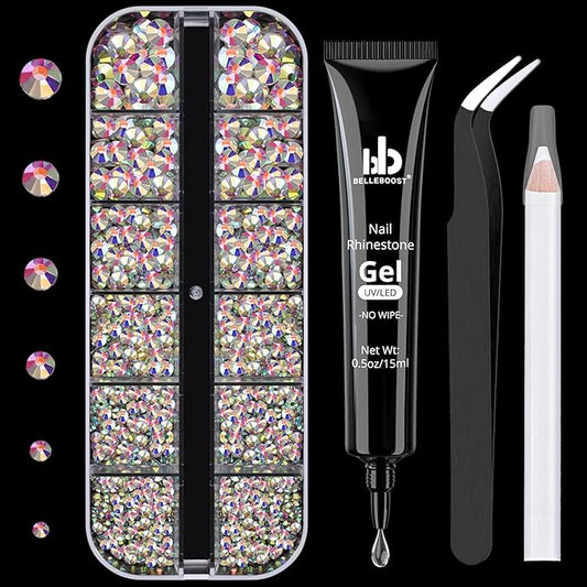 Nail Art Rhinestone Glue Gel&1 Box Flatback Gems Kit, 1 Tube of 15ml Rhinestone Gel Glue(UV/LED Needed)+Crystal AB Gems with Pickup Tools