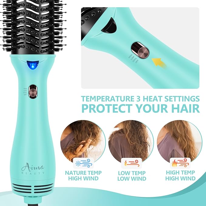 Hot Air Brush, Aima Beauty Professional One Step Hair Dryer & Volumizer 4 in 1 Upgrade Anti-Scald Negative Ionic Technology for All Hair Types, Light Green