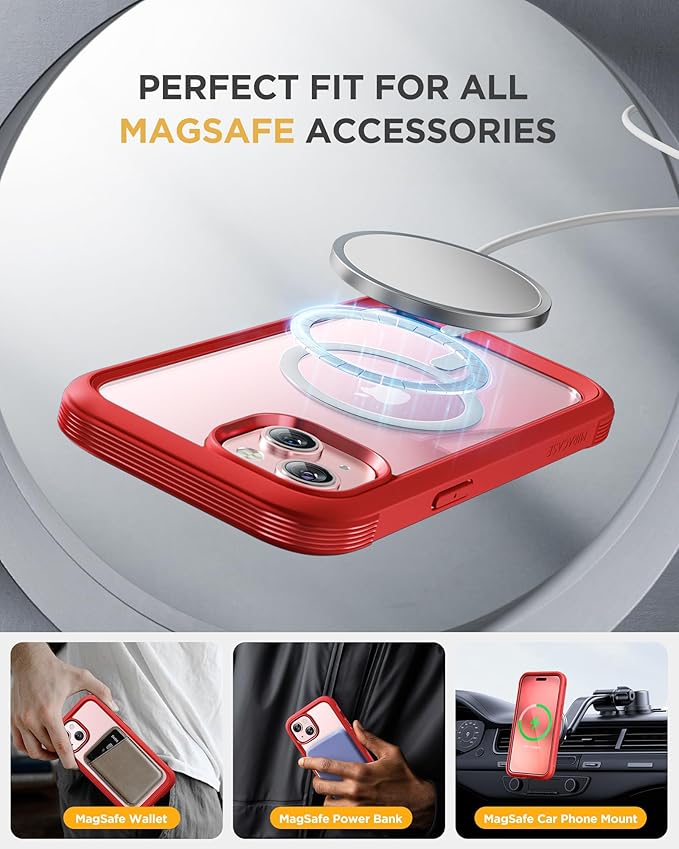 Miracase Glass Series for iPhone 15 Case [Compatible with MagSafe] Full-Body Magnetic Bumper Case with Built-in 9H Tempered Glass Anti-Fingerprint Screen Protector + Camera Lens Protector, Red