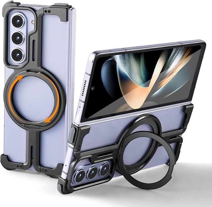 OATSBASF for Samsung Galaxy Z Fold 5 Bumper Case, with Kickstand 360° Rotatable Magnetic Stand Case, Minimalist Phone Case for Galaxy Z Fold 5, Frameless Metal Case, Black