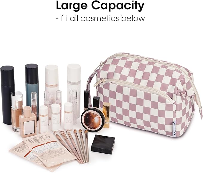 Narwey Checkered Makeup Bag Women Wide-open Make up Bag Travel Cosmetic Bag Organizer Toiletry Bag for Cosmetics Toiletries Accessories (Dusty Rose Checkerboard)