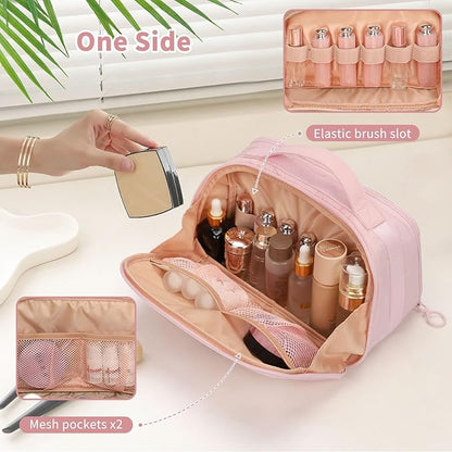 OCHEAL Travel Makeup Bag - Wide Open Cosmetic Bag for Women Make up with Two Compartments, Portable Lightweight Roomy Organizer Toiletry Bag for Girls Skincare tools Accessories-Pink