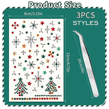 3 Sheet Christmas Face Gems Hair Gems, Self-Adhesive Face Jewels Eye Jewels Rhinestones DIY Face Gems Stick on, Halloween Makeup Gems Rave Accessories for Face Eyes Body Makeup, Crafts