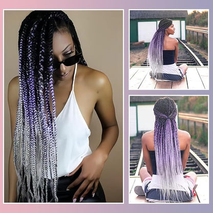 1b-Purple-Silver Pre stretched Braiding Hair 8 Packs Pre feathered Braid Hair Extensions 36 Inches Hair Braids