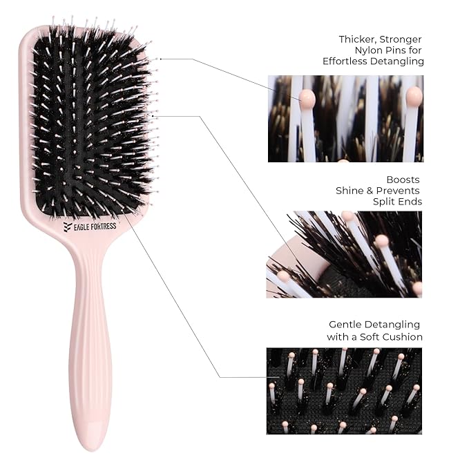 Boar Bristle Paddle Hair Brush for Women, Hairbrush Detangler with Thicker Nylon Pins for Effortless Detangling, Scalp Massage & Reduced Breakage – Suitable for All Hair Types