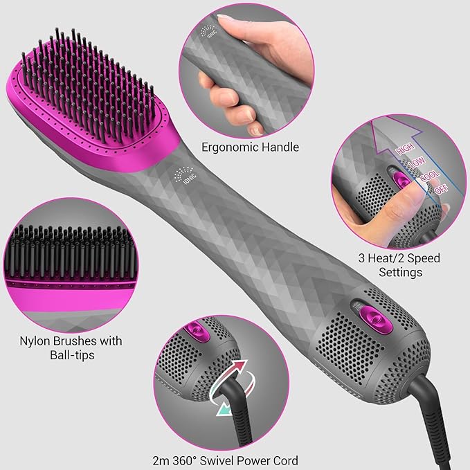 3 in 1 Hair Dryer Brush Professional 1200W Powerful Ceramic Tourmaline 3 Heat/2 Speed Settings One Step Hair Dryer and Styler (Gray)