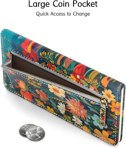 Nipichsha Womens Wallet, RFID Slim Wallets for Women, Thin Ladies Credit Card Holder Purse, Cute Leather Bifold Clutch Billfold with 11 Card Slots & ID Window, Flowers Cat