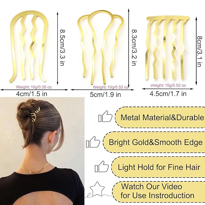 6 PCS Metal Hair Side Combs Pins Fork Clip Teeth Stick for Updo Bun, U Shape Hair Accessories for Vintage Hairstyle, Gold for Fine Hair