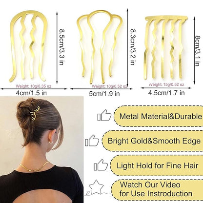 6 PCS Metal Hair Side Combs Pins Fork Clip Teeth Stick for Updo Bun, U Shape Hair Accessories for Vintage Hairstyle, Gold for Fine Hair