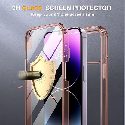 Miracase Glass Series for iPhone 14 Pro Case 6.1 Inch, Full-Body Clear Bumper Case with Built-in 9H Tempered Glass Screen Protector, with Camera Lens Protector, Clear Pink