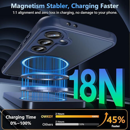 OWKEY for Samsung Galaxy S24 FE Case 6.7'', Magnetic Galaxy S24 FE Case for Magsafe with Tempered Screen Protector [Shockproof Military] Translucent Matte Bumper Phone Cover Samsung S24 FE 5G, Blue