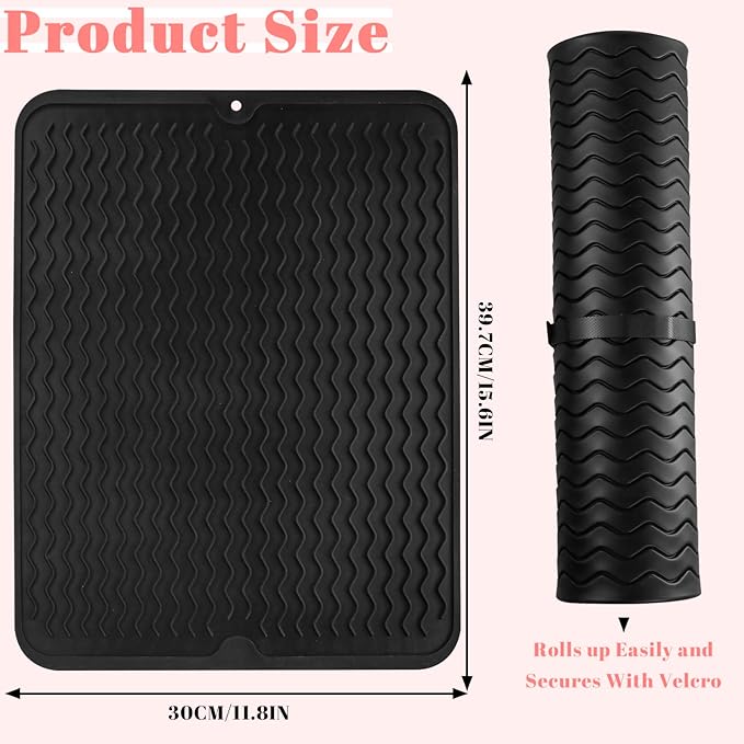 Oversize Silicone Heat Resistant Mat, Heat Mat with Velcro for Curling Iron, Travel Cover Cushion for Curling Irons, Hair Bands and Styling Tools(15.7" X 11.8")