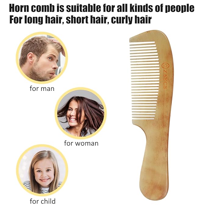 Horn Fine Tooth Comb - Anti-Static Hair Comb - Hair Styling Detangling Comb for All Hair Types (Yellow, Curly, Men, Women, Kids)