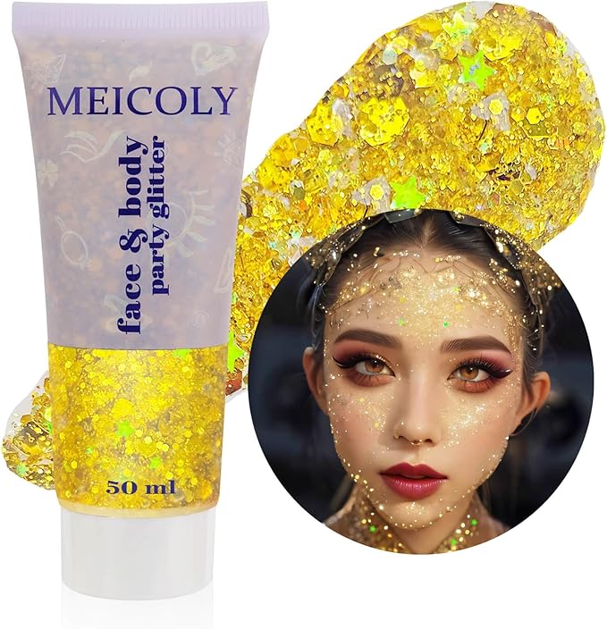 MEICOLY Gold Body Glitter,Yellow Face Glitter,Music Festival Accessories Outfits for Women,Mermaid Sequins Hair Glitter Makeup,Sparkle Face Body Glitter for Country Concert,Mardi Gras Accessories
