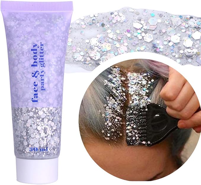 DAGEDA Body Glitter Gel, Body Sequins Shimmer Liquid Eyeshadow, Chunky Glitter for Face Hair Nails, Holographic Cosmetic Laser Powder Festival Glitter Makeup 50ml(Silver)