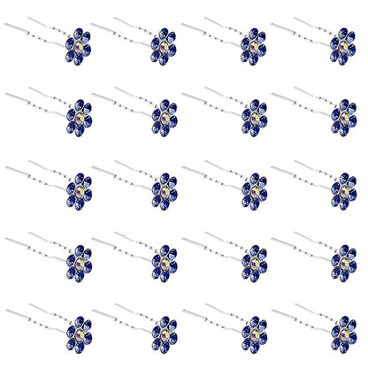 20 Pack (Navy) Crystal Flower Hair Pins Rhinestone Hair Clips for Bridal Wedding Women Hair Jewelry Accessories, with Clear Container