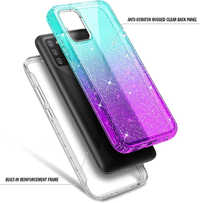 NZND Case for Samsung Galaxy A03S with [Built-in Screen Protector], Full-Body Protective Shockproof Rugged Bumper Cover, Impact Resist Phone Case (Glitter Aqua/Purple)