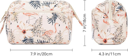 Narwey Women Makeup Bag Wide-open Make up Bag Travel Cosmetic Organizer Toiletry Bag for Cosmetics Toiletries Accessories (Beige Flamingo)