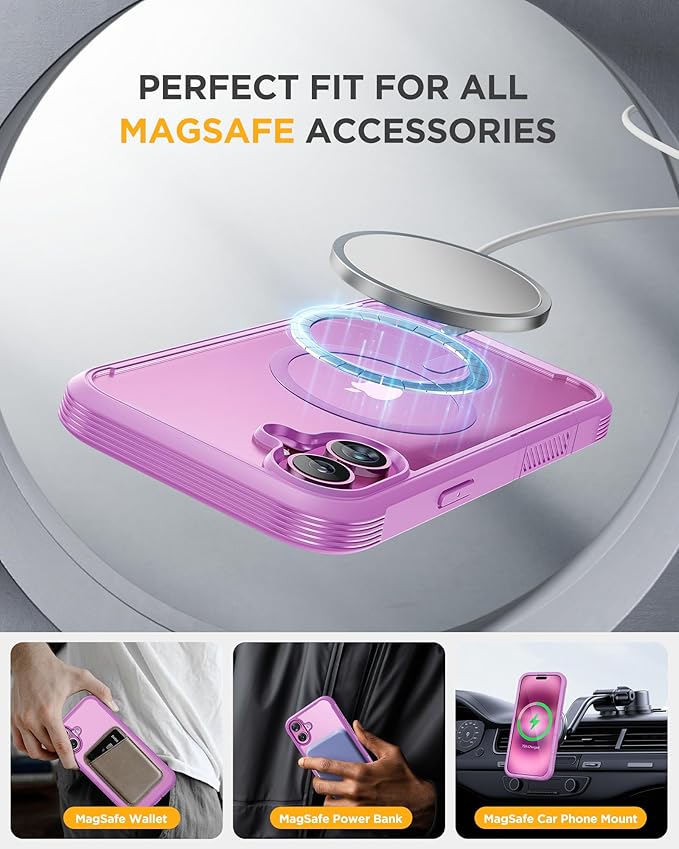 Miracase for iPhone 16 Case 6.1'', [Bubble Free] Full-Body Bumper Phone case with Built-in Full Glass Screen &Lens Protector,No Gap,Compatible with MagSafe,Drop Proof 16 Cover,Pink Purple