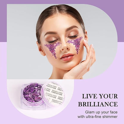 Glitter Body Face Hair Makeup Festival Gel, 6 Shapes Clear Purple Rave Glitter Face Pain Glitter Eyeshadow for Kids Women Girls Singer Concerts Festival Rave Accessories