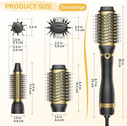Hair Dryer Brush with Two Interchangeable Barrels (Oval and Round), Hot Air Straightening and Volumizing Anti-Frizz Ceramic Titanium Brush