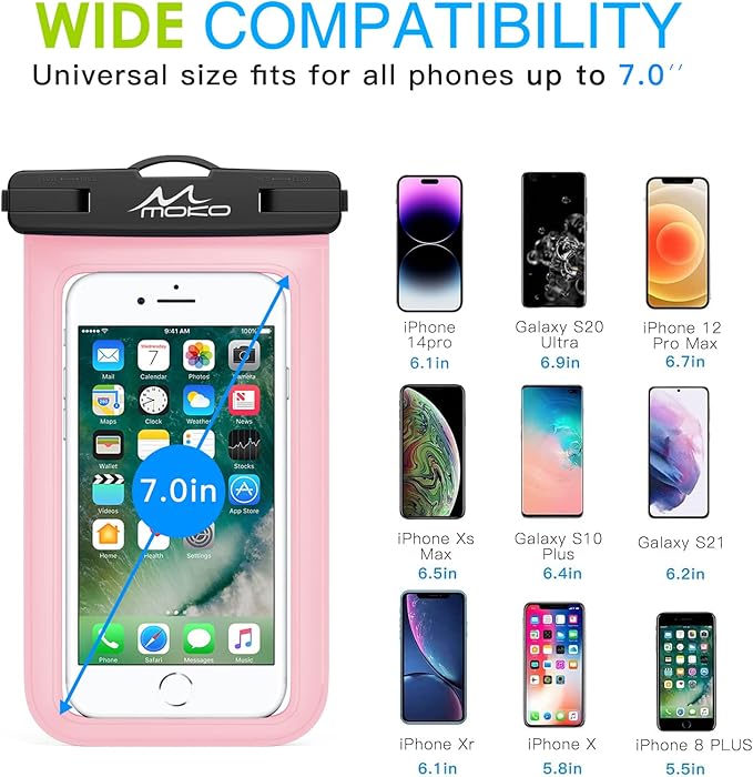 MoKo Waterproof Phone Pouch Holder, Cellphone Case Dry Bag with Lanyard Armband Compatible with iPhone 16 15 14 13 12 11 Pro Max X/Xr/Xs Max/SE 3, Samsung S24/S23/S21/S20/S10/S9, Pearly Pink