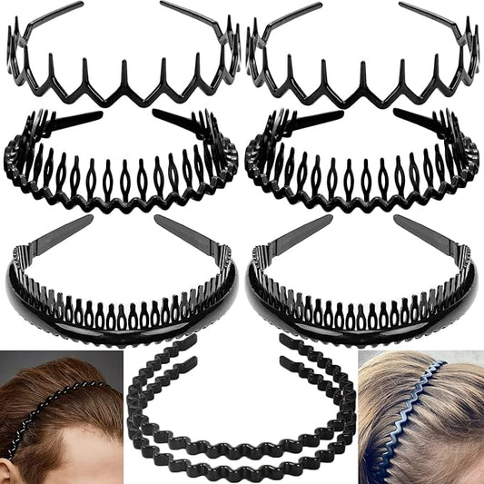 8 PCS Fashion No Slip Effortless Plastic Headbands with Teeth Comb Black Skinny Headbands Hair Accessories Bands for Women Men Teen Girls, Classic Black Bright