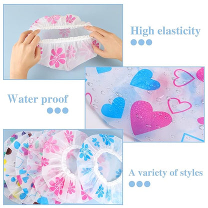 6 Pcs Shower Caps, Waterproof Bath Caps Plastic Reusable Shower Caps Elastic Band Bath Hair Caps for Women Kids