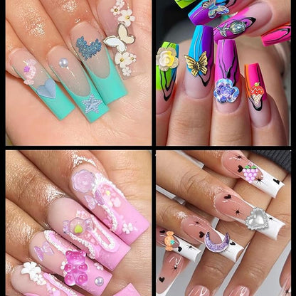 3D Butterfly Flower Nail Charms Acrylic Colorful Flowers Nail Charms with Starry AB Crystals Rhinestones Multi Sizes Pearls 2 Piece Set