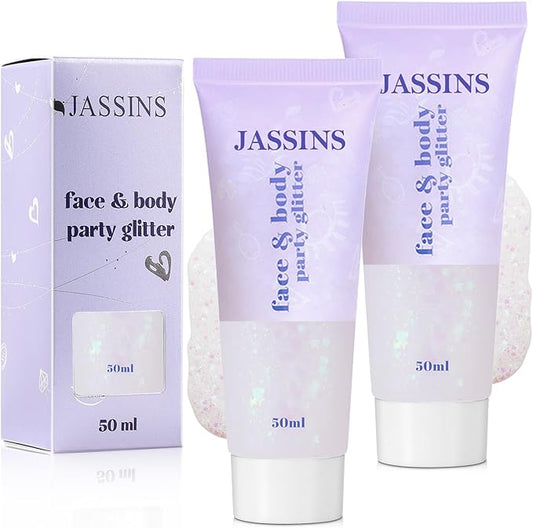 JASSINS 2 Pack Face Body Glitter, 100ml White Glitter Gel Makeup for Women Girls Kids, Singer Concerts Festival Rave Accessories, Chunky Mermaid Sequins Glitter