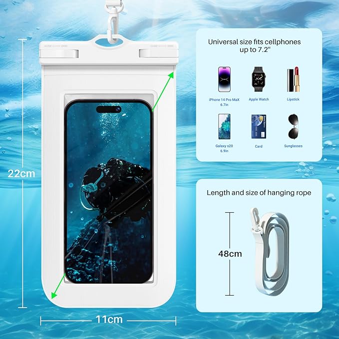 2 Pcs Waterproof Phone Pouch Case Up to 7.2", Floating Universal IPX8 Water Proof Cell Phone Dry Bag for iPhone 16 15 14 13 12 11 Pro Max XR XS SE 2022, Outdoor Sports, Black+White