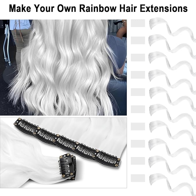 10 PCS White Hair Extensions Clip-in, Curly Wavy Synthetic Hairpieces Clip in Rainbow Neon Party Highlights, Colorful Hair Accessories for Girls Women
