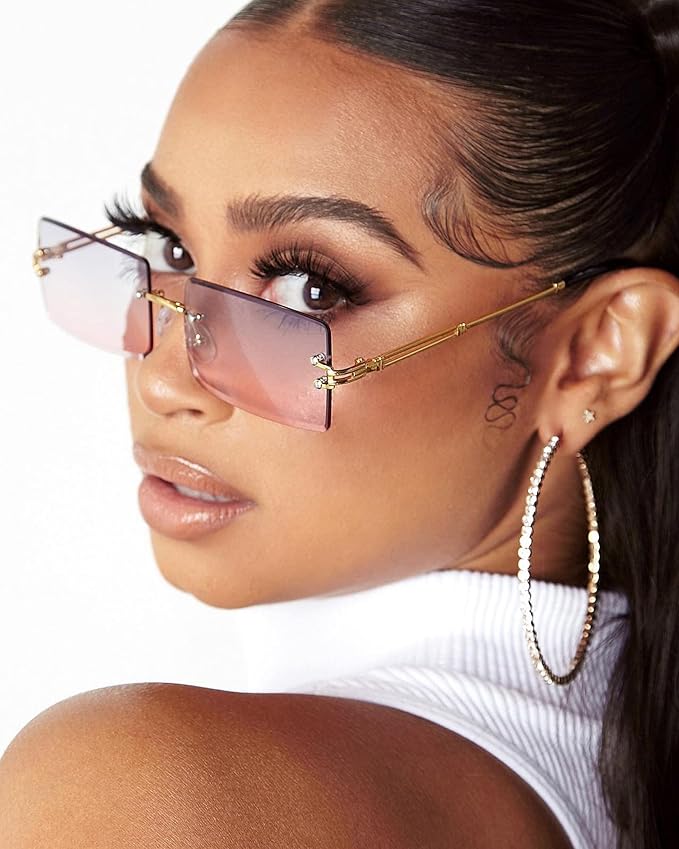 Rectangle Sunglasses for Men/Women Small Rimless Square Shade Eyewear
