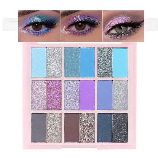 18Colors Blue Purple Gray Colorful Eyeshadow Palette Makeup,Light Blue Glitter Sparkly Highly Pigmented Smoked Eye Shadow Long Lasting Waterproof Naturing-Looking Blendable for Beginners