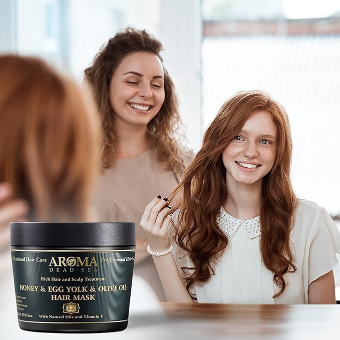 AROMA DEAD SEA Honey Egg Yolk & Olive Oil Hair Mask - Ultimate Dry & Damaged Hair Rescue, Intensive Conditioning Treatment Revives, Strengthens & Restores Softness, Shine & Elasticity / 16.9 fl.oz