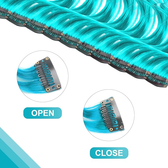 10 PCS Teal Blue Hair Extensions, Curly Wavy Synthetic Hairpieces Clip in Rainbow Neon Party Highlights, Colorful Hair Accessories for Girls Women 17 inch (Teal Blue)
