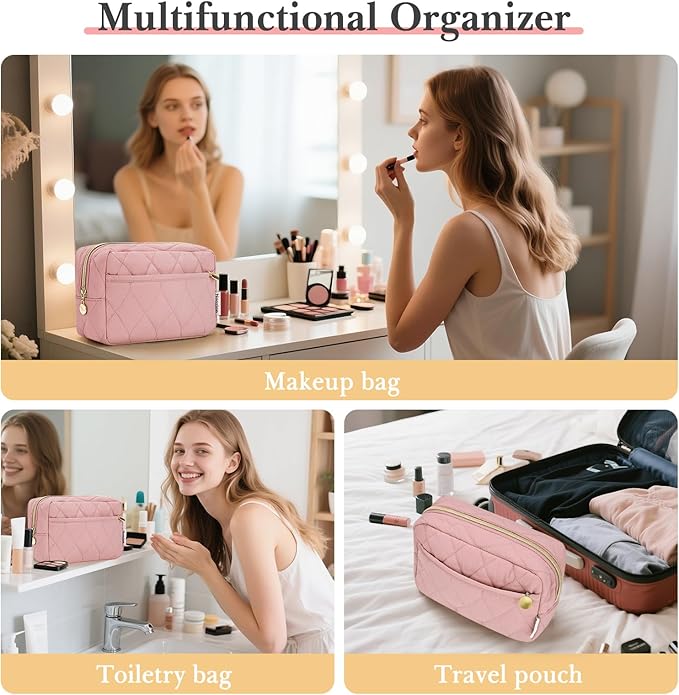 Noozion Makeup Bag, Travel Cosmetic Bag, Puffy Padded Make Up Bag for Women, Makeup Organizer Case, Wide-open Pouch Purse, Travel Essentials