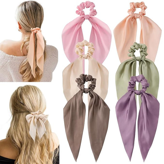 6 PCS Bow Silk Scrunchies, Hair Ties with Bows, Hair Scrunchies for Women Girls, Knotted Bow Silk Hair Ties, Satin Hair Ribbon Scrunchy Elastic Hair Ties Accessories Valentine's Day Gifts Holiday