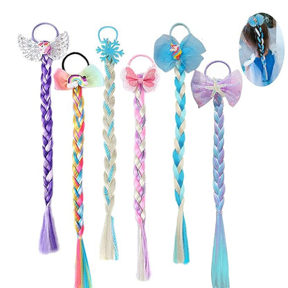 Ozzwolle 6 Pcs Girls Braid Ponytail Extensions Hairpieces, Colored Braid Hair Extensions Hair Pieces for Kids Little Girls