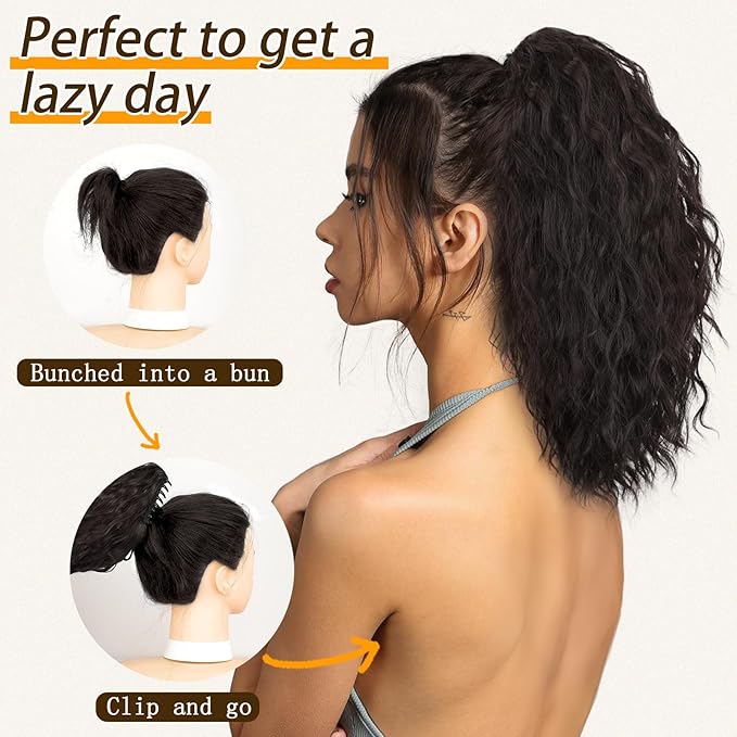 ORSUNCER Ponytail Extension Claw 18" Curly Pony Tail Clip in Claw Hair Extensions Fluffy Natural Looking Synthetic Hairpiece for Women Blonde Highlight
