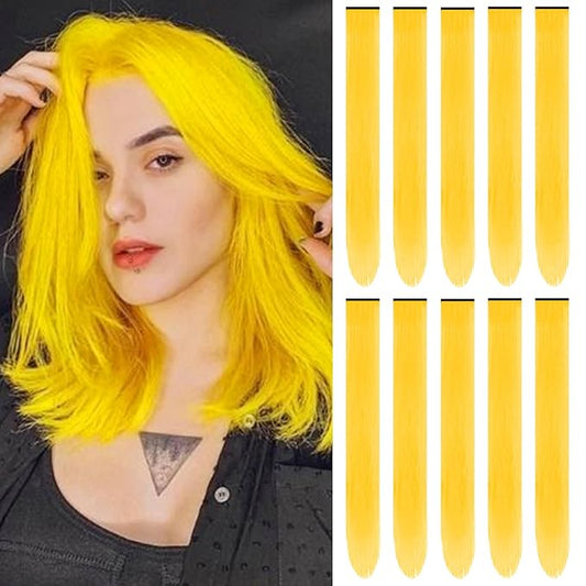 22 inch Colored Hair Extensions, Multi-colors Party Highlights Clip in Synthetic Hair Extensions, Color Party Highlights Hairpieces for Girls Women Cosplay Gift(10 PCS Yellow)