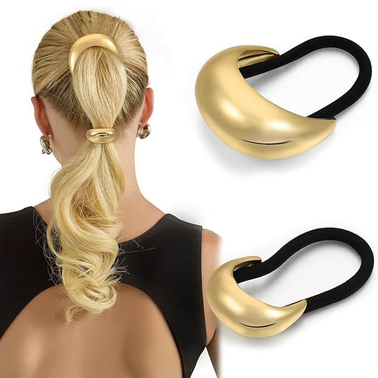 2PCS Gold Hair Ties for Women - Metal Hair Accessories for Thick Hair, Elegant and Durable Geometric Design, Ponytail Cuffs Stretchy Non-Damage