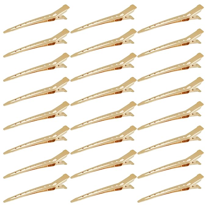 24 Packs Duck Bill Clips, Bantoye 3.35 Inches Rustproof Metal Alligator Curl Clips with Holes for Hair Styling, Hair Coloring, Gold