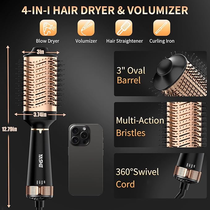 Hair Dryer Brush, 4 in 1 Ionic Blow Dryer Brush with Oval Titanium Barrel, Hair Dryer and Styler Volumizer for Drying, Straightening, Curling and Voluming, Black