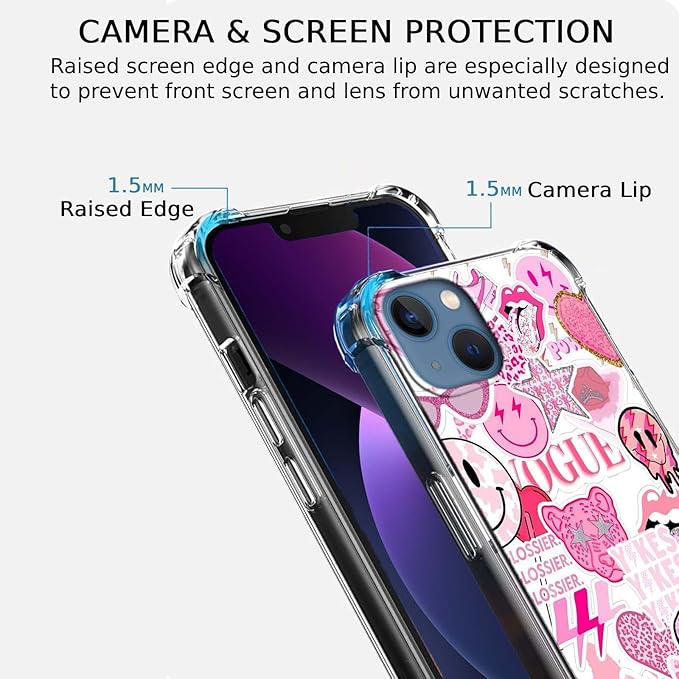 Case for iPhone 13 Mini with Pink Design,Aesthetic Hippie Indie Popular Elements Pattern,Shockproof Soft TPU Bumper Phone Cover(13mini,Pink)