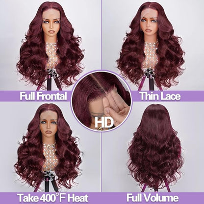 28 Inch 99j Burgundy Lace Front Wigs Human Hair Dark Shade 13x4 HD Lace Body Wave Burgundy Wig Human Hair Pre Plucked 180 Density Full Frontal with Natural Hairline Dark Tone Body Wave