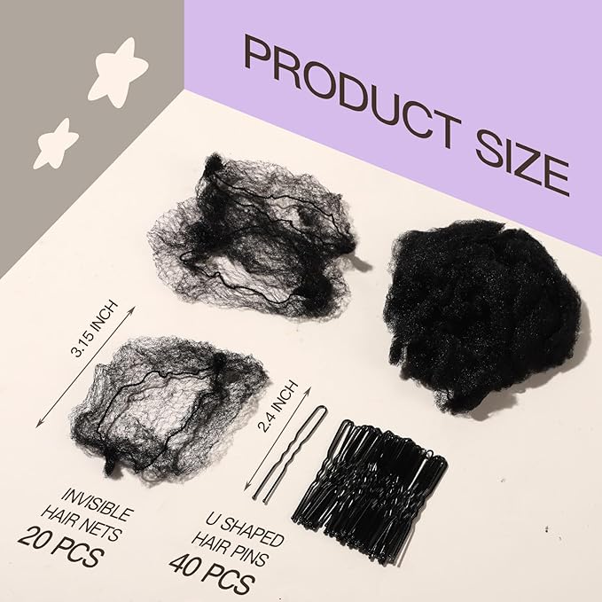 FANDAMEI 30cm Hair Net for Kids, Invisible Hair Nets 20PCS with 40PCS U Shaped Hair Pins, Hair Nets for Buns, Bun Hair Nets for Ballet Girls Hair Accessories Set for Women, Girls-Black