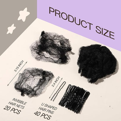 FANDAMEI 30cm Hair Net for Kids, Invisible Hair Nets 20PCS with 40PCS U Shaped Hair Pins, Hair Nets for Buns, Bun Hair Nets for Ballet Girls Hair Accessories Set for Women, Girls-Black