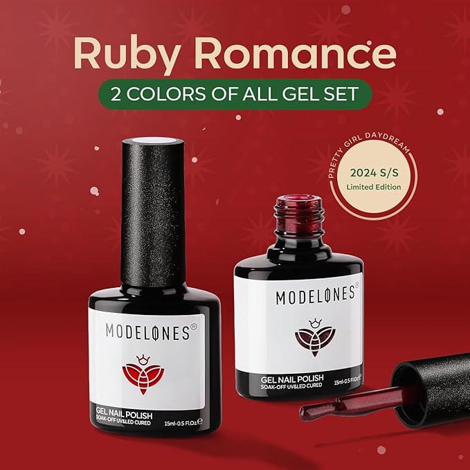 modelones Gel Nail Polish Set 2 Pcs 15 ML Red Cat Eye Gel Nail Polish Glitter Shimmer Red Polish Soak Off LED Spring Art Nail Kit Manicure Salon DIY Nails Gift For Women