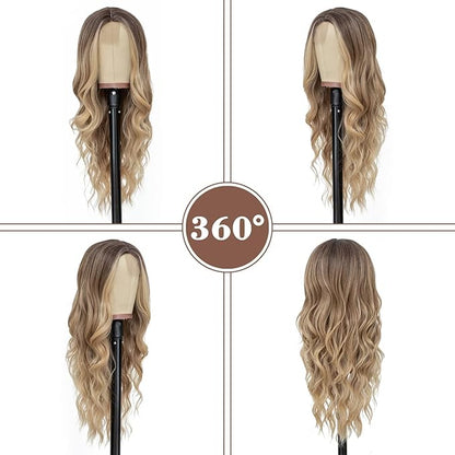 NAYOO Long Ombre Blonde Wavy Wig for Women 26 Inch Middle Part Curly Wavy Wig Natural Looking Synthetic Heat Resistant Fiber for Daily Party Use (Ombre Blonde)